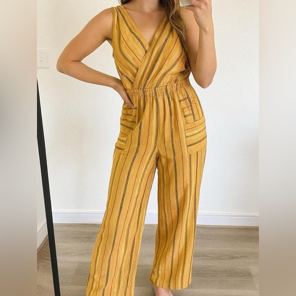 - M Monteau Mustard yellow striped wide-leg jumpsuit with V-neckline - Picture 1 of 2